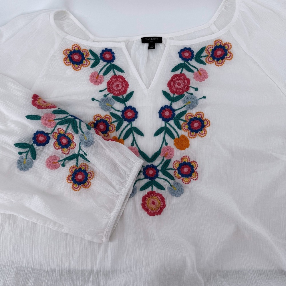 Talbots Plus Gauze Blouse 3X White Cotton Floral Embroidered Boho Peasant Top